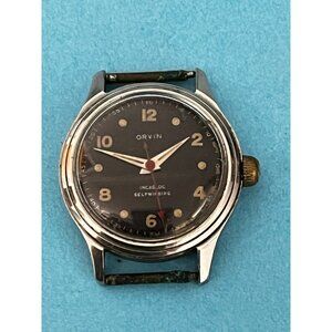 Men's Orvin 17 Jewel Incabloc Antimagnetic Watch Rare Black Dial 4 parts repair